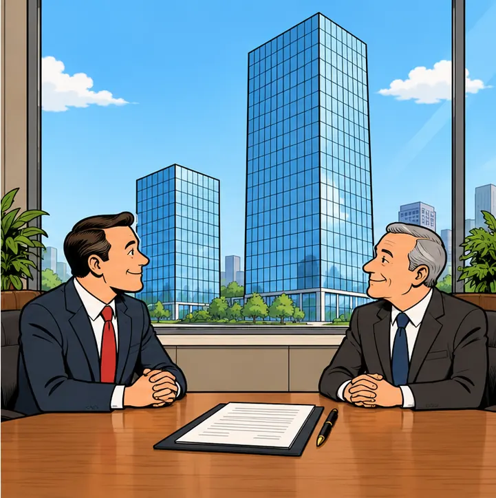 The larger tower standing slightly taller, with an unsigned contract lying on a table between the two executives