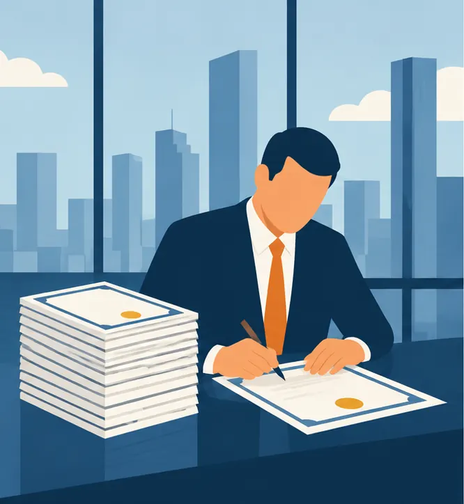 A businessperson in a glass office tower signing a stack of bond certificates with plain borders