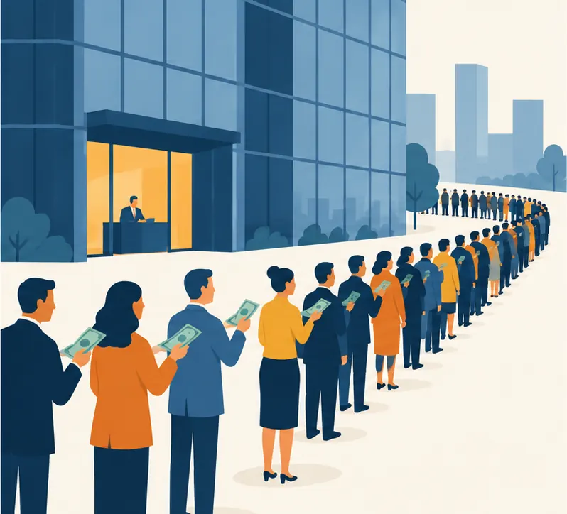 A long queue of investors stretching around the building, each holding out money, far more people than the stack of certificates could serve