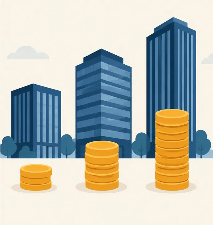 Three corporate buildings side by side, each with a pile of insurance coins in front of it: a small pile, a medium pile and a tall pile
