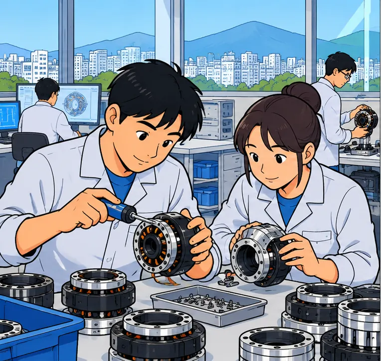 Engineers at a research center in Uiwang, South Korea, assembling a robot joint motor on a workbench