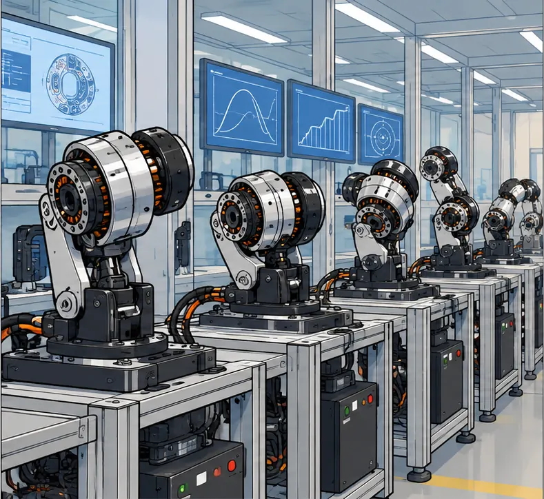 Rows of prototype joint motors flexing on test rigs