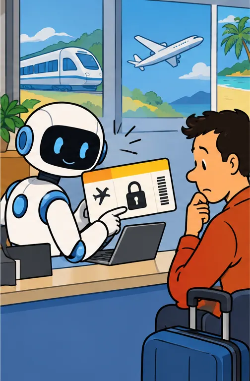 The robot holding a cheaper ticket with a padlock symbol on it, turning back to ask the person