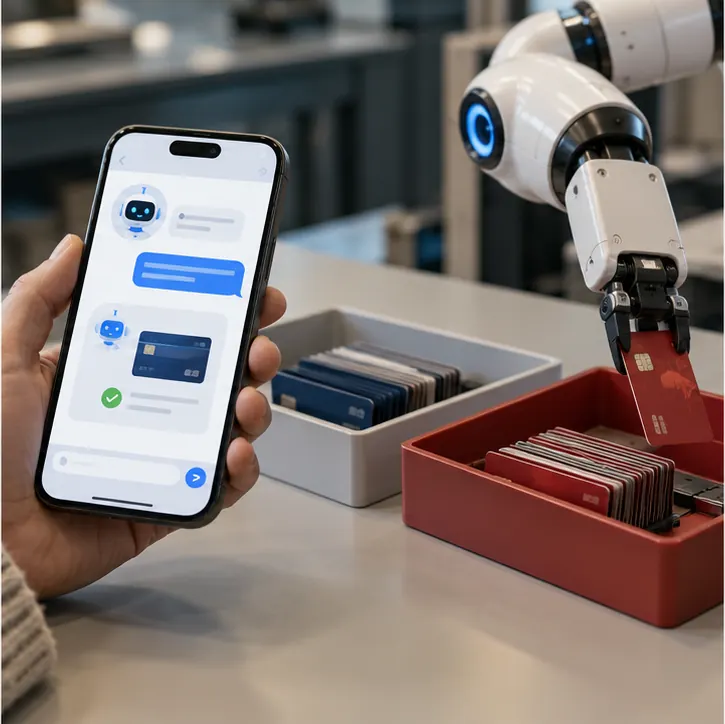 A customer's phone showing a bank chat assistant answering a credit-card question, with an AI agent sorting suspicious transactions into a separate tray beside it