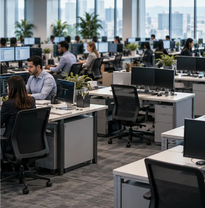 A bank office floor with rows of desks, about a third of them empty with chairs pushed in