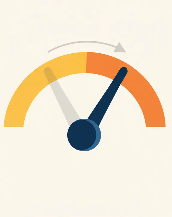 A dial gauge with no markings swinging from the yellow zone to the orange zone