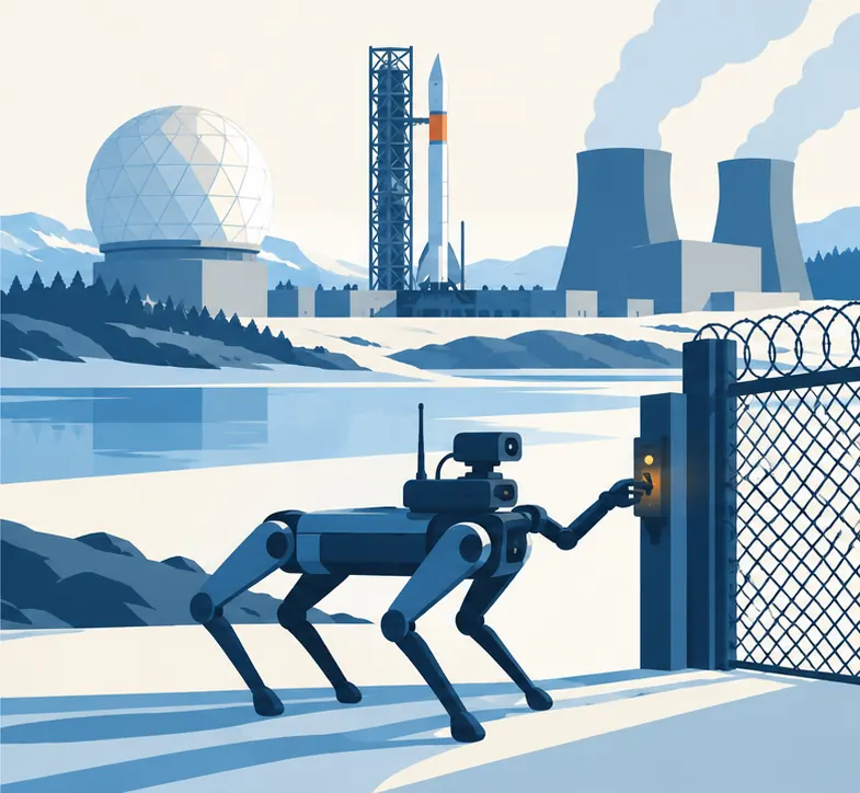 One robot testing a digital lock on a perimeter fence, with a radar dome, a rocket launch tower and a power station together behind it