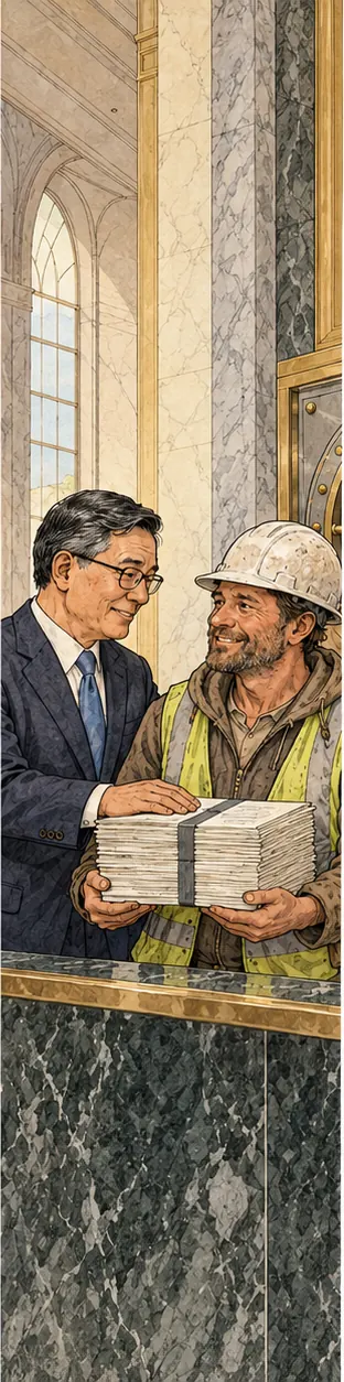 A chipmaker figure in a suit resting a protective hand on a stack of loan papers held by a builder in a hard hat, in front of a bank counter