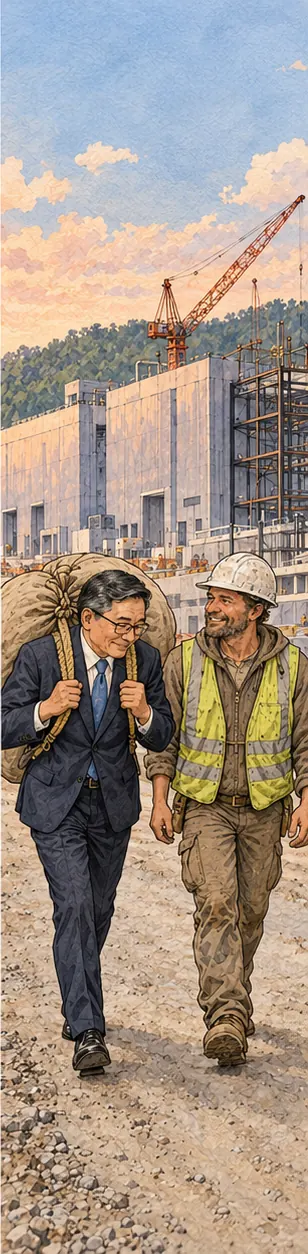The chipmaker figure walking beside the builder, now carrying a heavy sack on its own back
