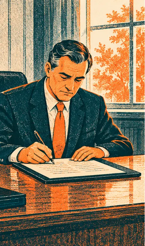 A state official signing a bill at a desk in a plain office with a window onto trees