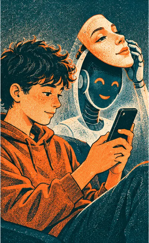 A teenager on a phone chatting with a chatbot wearing a human mask, the mask being peeled away