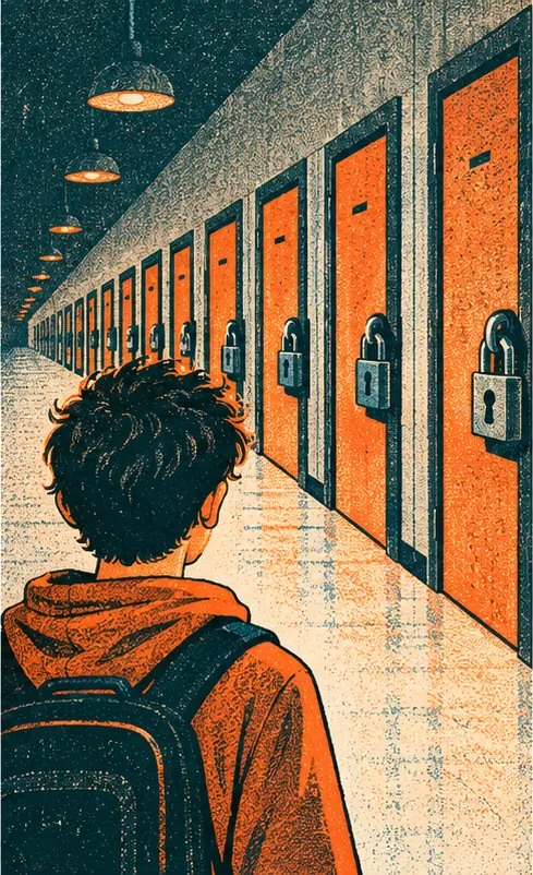 A long row of closed, locked doors along a corridor in front of the teenager