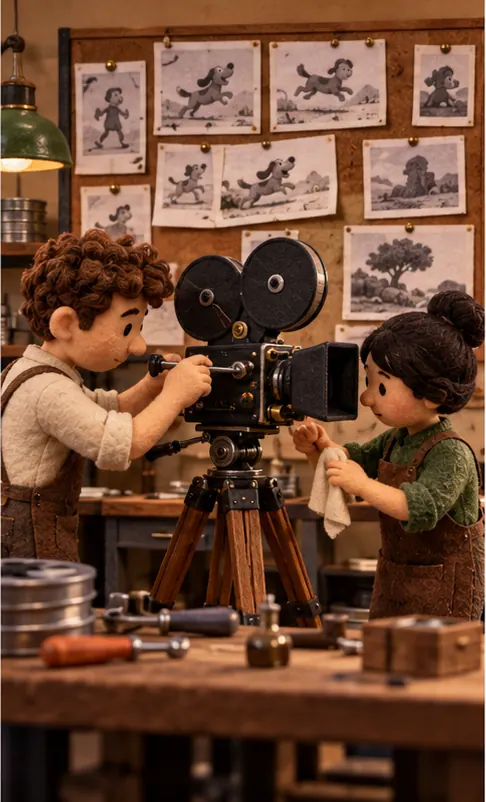 Animators at the studio retuning a camera, with reference pictures pinned around it