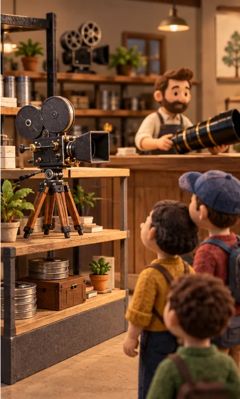 The studio putting the tuned camera on an open public shelf, keeping a bigger lens behind the counter
