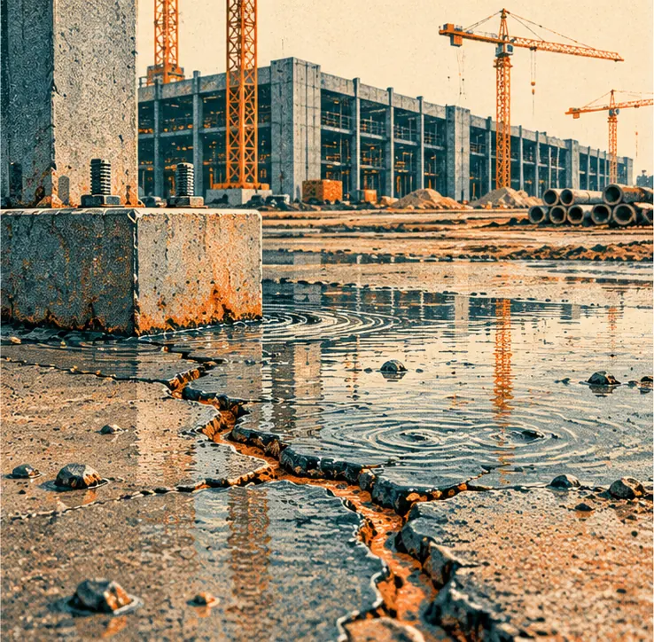 Water seeping into the cracks of a large data-center construction site