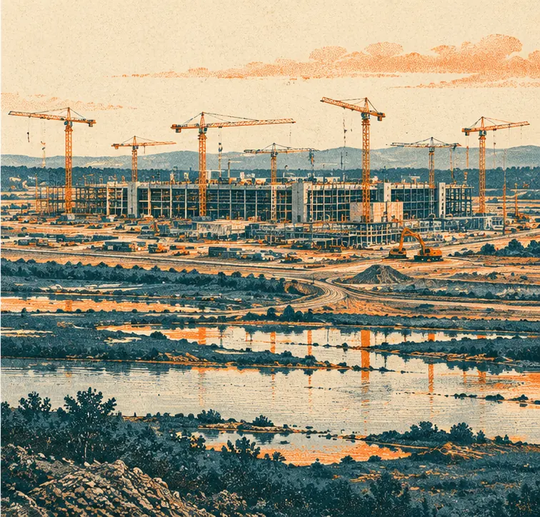 Construction cranes still spreading across a wide landscape
