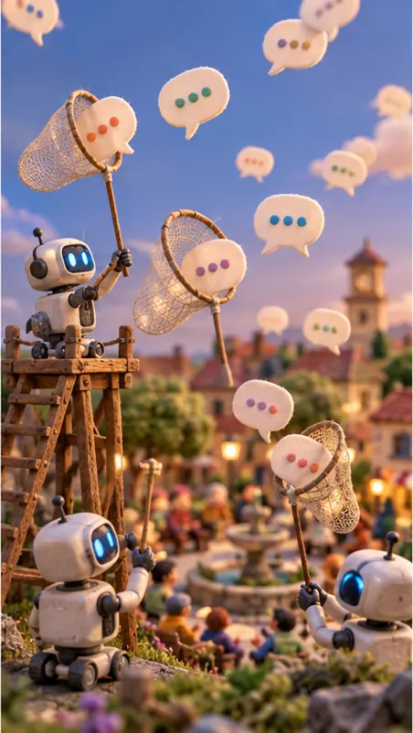 Robots with scoops trying to collect speech bubbles drifting up from the square