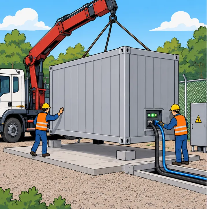 A truck delivers a windowless, shipping-container-sized metal compute pod packed with server racks; it is plugged into a power line and an internet cable, with no water pipe, and its lights come on.