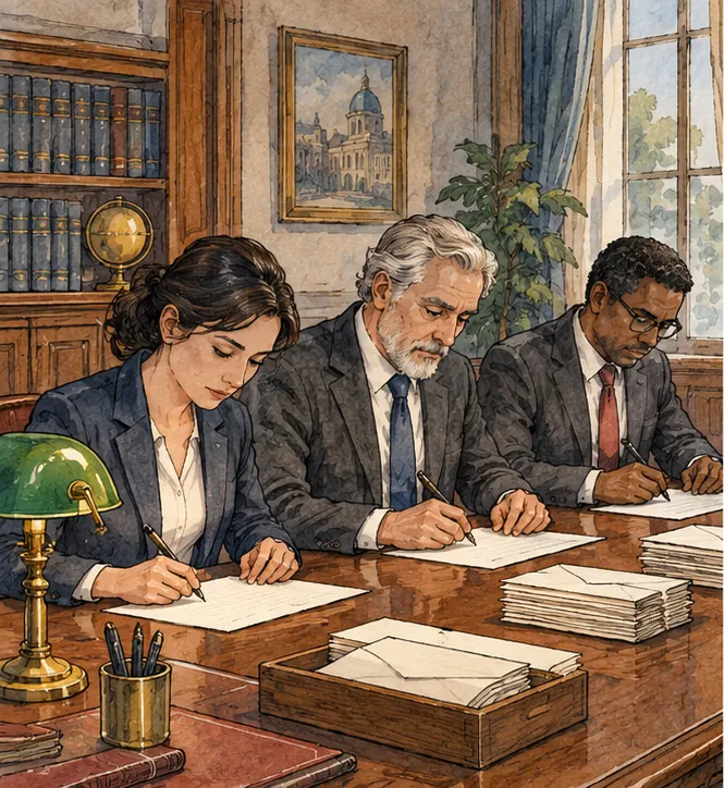 Three lawmakers at a desk in an office writing a letter