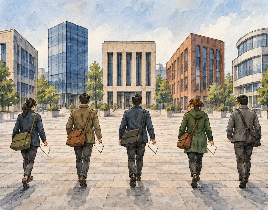 Five couriers walking away across one plaza, each carrying an envelope toward a different plain modern office building