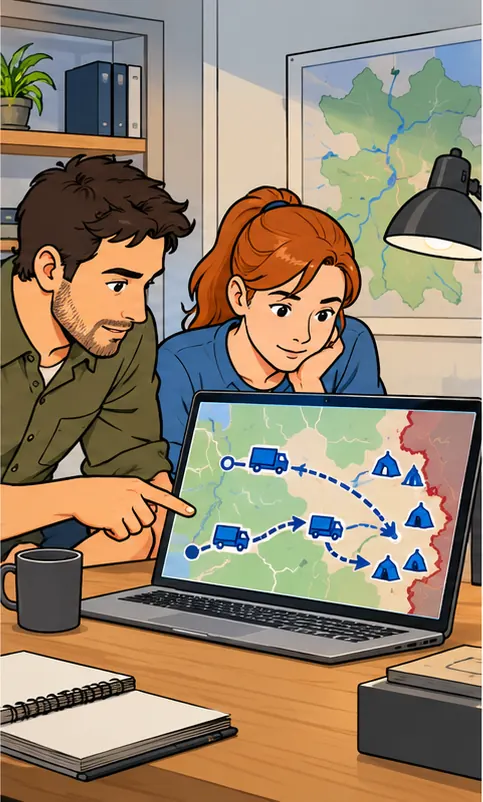 Two founders in a small office lean over a laptop showing a map of supply crates, with arrows leading to tents at a frontline.