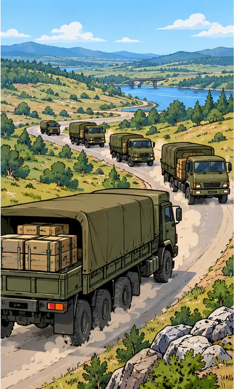 Plain military supply trucks loaded with crates drive along the routes shown on the software's map.