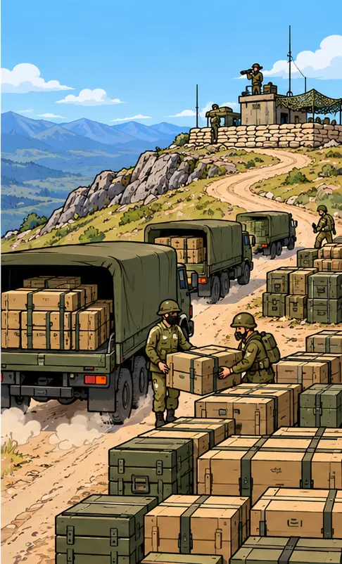 A convoy of supply trucks pushes past a growing stack of crates toward a lone outpost at the far edge of the land.