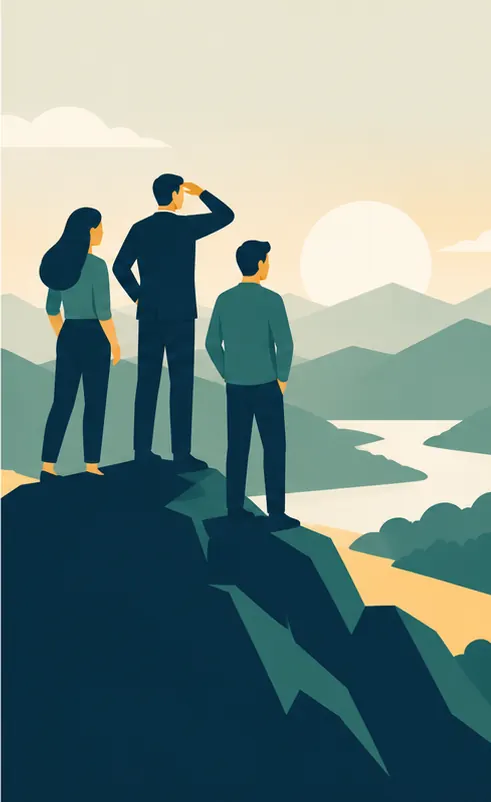 Investors standing on a hilltop peak, looking down the slope on the other side