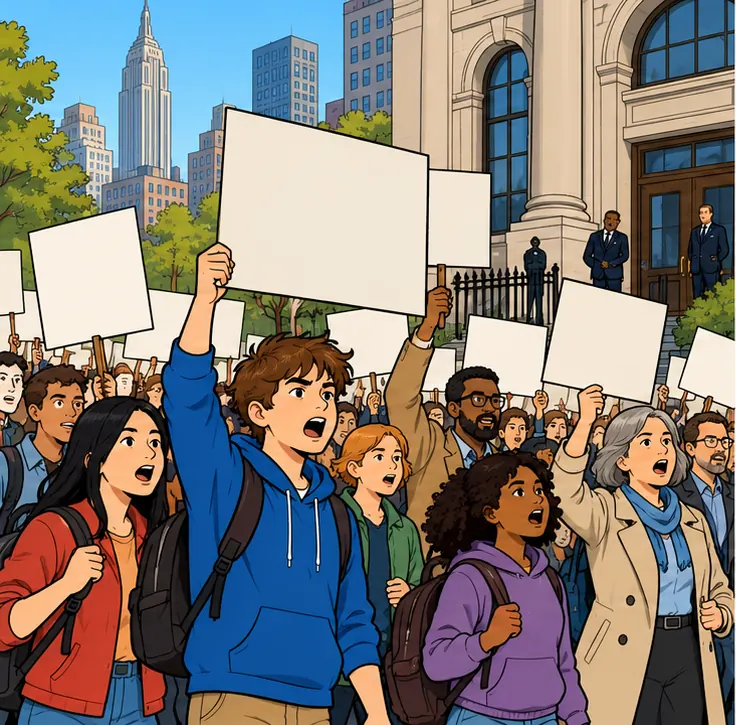 Students, teachers and parents rallying outside a school board building in New York City, holding blank placards