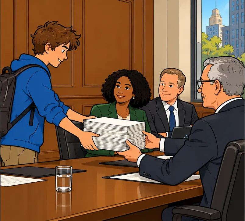 A high-school student handing a thick stack of petition pages to board members