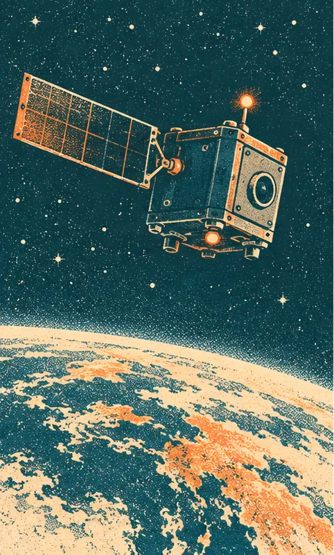 A small boxy satellite with a single solar wing drifts above the curve of the Earth, its lights blinking steadily.