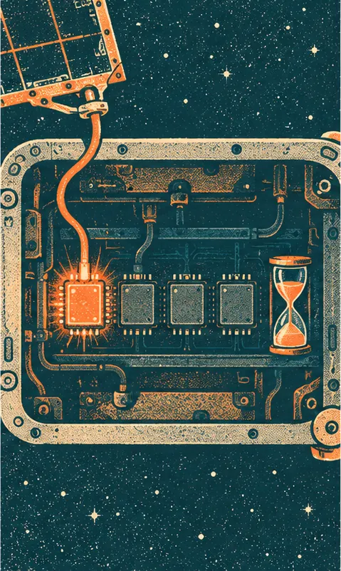 Inside the satellite, four chips sit in a row; only one glows, fed by a thin cable from the modest solar wing, with a small hourglass beside it.