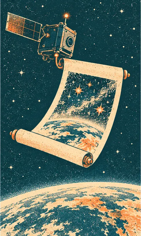 A small paper scroll floats out of the satellite into space, unrolled to show a brush painting of stars above the Earth.
