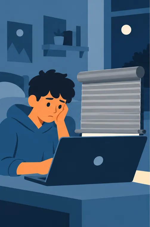 A teenager sits at a laptop in a bedroom as a metal shutter rolls down over the screen.