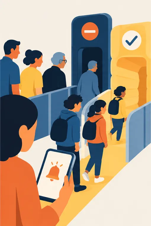 A sorting gate directs a line of people of different ages; more of the younger-looking ones are steered into a softer, padded lane, and a parent's phone nearby lights up with a bell.