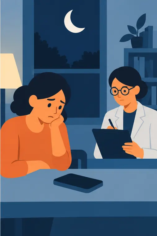 Late at night, a parent sits beside a phone that stays dark, while a researcher with a clipboard takes notes.