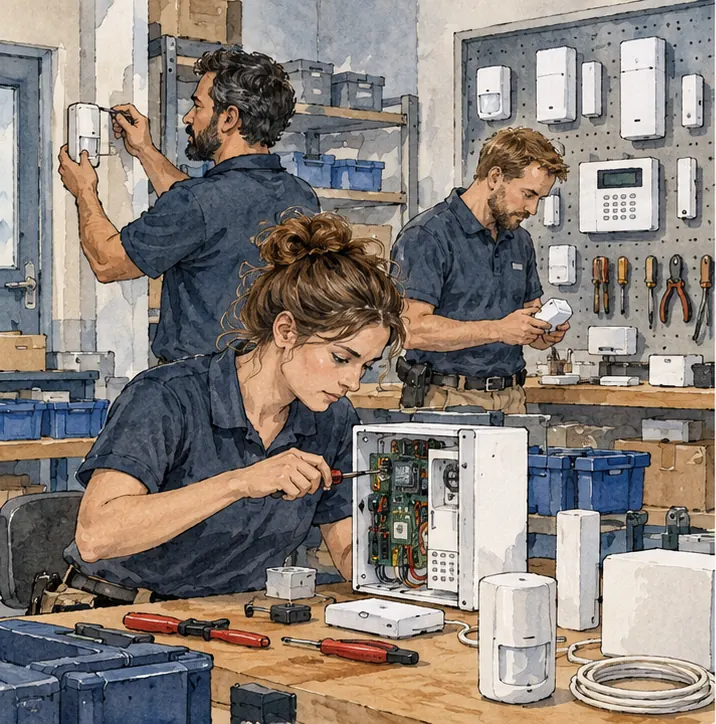 A home-security company's workshop with technicians, alarm panels and door sensors, no logos