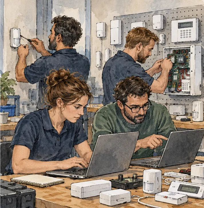 Engineers with laptops working alongside the technicians on the alarm panels