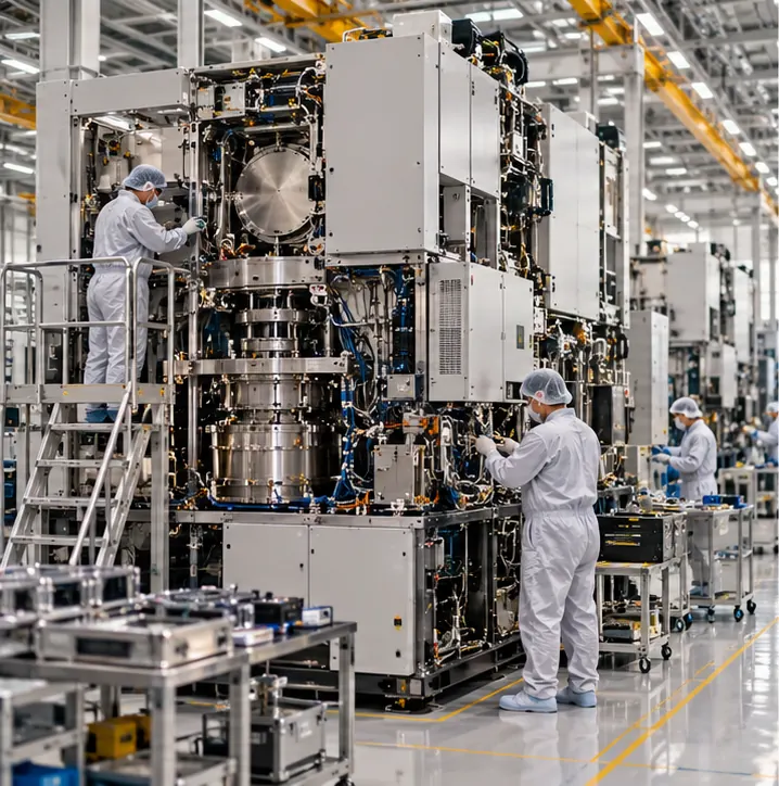 Large chip-making machines being assembled in a clean bright factory