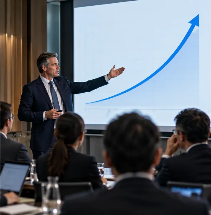 A finance executive presenting a steeply rising unlabeled arrow to a room of analysts