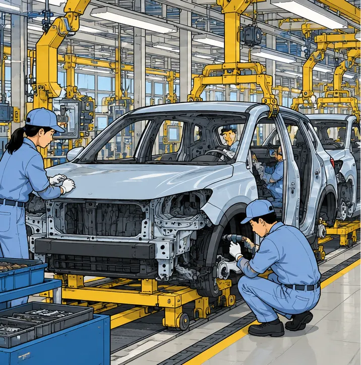 A car factory assembly line in Aichi, Japan, with workers building compact electric SUVs with no badges