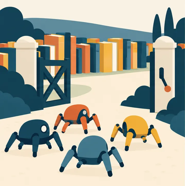 Four different spider-like crawler robots approach a website's front gate, where a single lever on the gatepost has been pulled down.