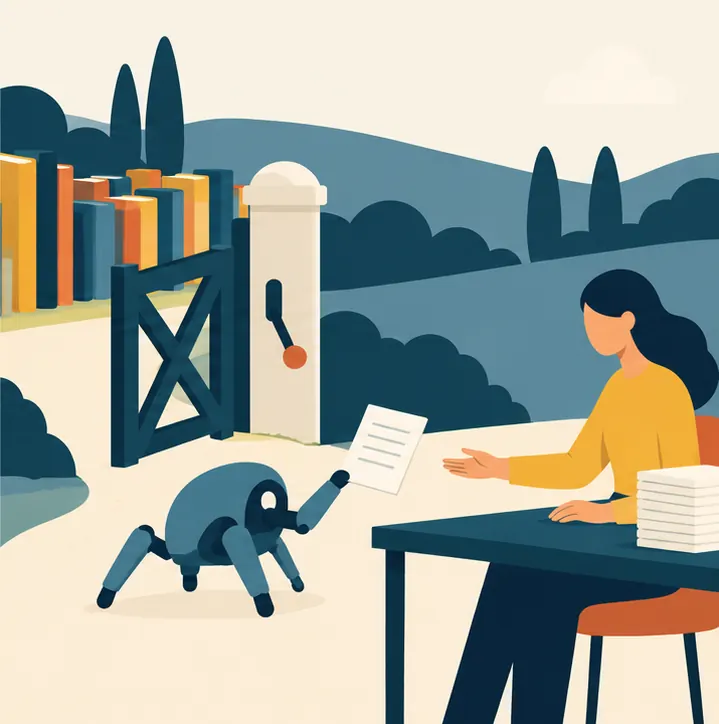Through the same unguarded gate, a robot carries a single page out to a person waiting at a desk, while the lever stays down and no lock or guard is anywhere.