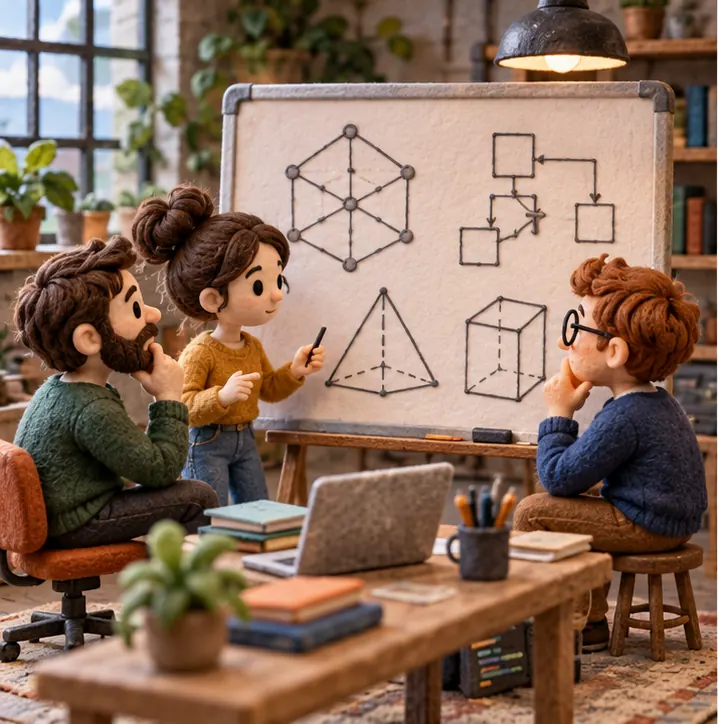 Three founders in a startup office around a whiteboard of geometric diagrams