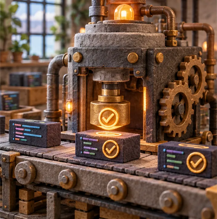 A great machine taking in blocks of code and stamping each one with a seal of proof