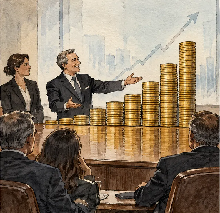 Executives presenting a rising pile of coins to investors