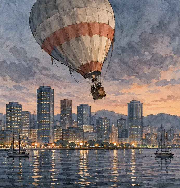 After hours, a hot air balloon losing altitude over a generic modern city of plain office towers by a bay
