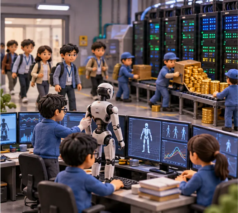 Engineers training a humanoid robot with large computers while new hires arrive and money flows into compute racks