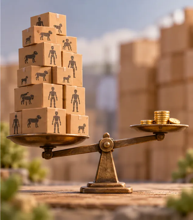 A balance scale with a tall stack of sales boxes on one side and a small pile of profit coins on the other