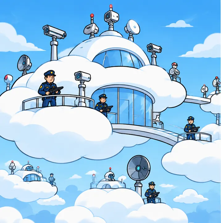 Cloud-shaped buildings in the sky with sensors and guards installed on them